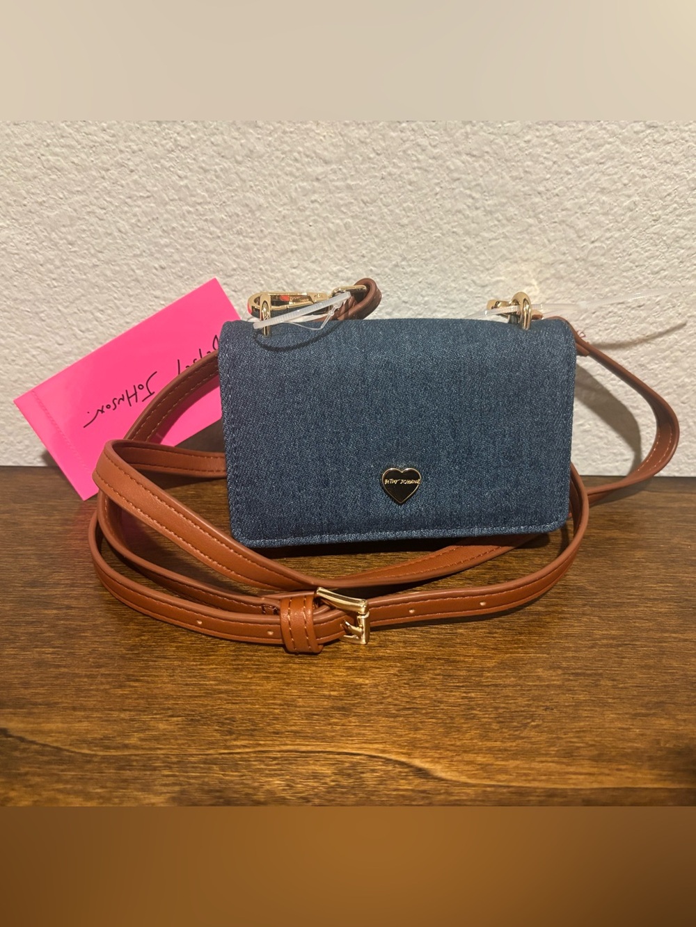 Betsey Johnson Mini Denim Crossbody with Brown Strap and Gold Tone Heart